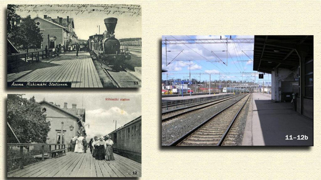 Kortit 11-12: Rautatieasema ja juna etelään n. 1905 ja Matkustajia asemalaiturilla n. 1905.