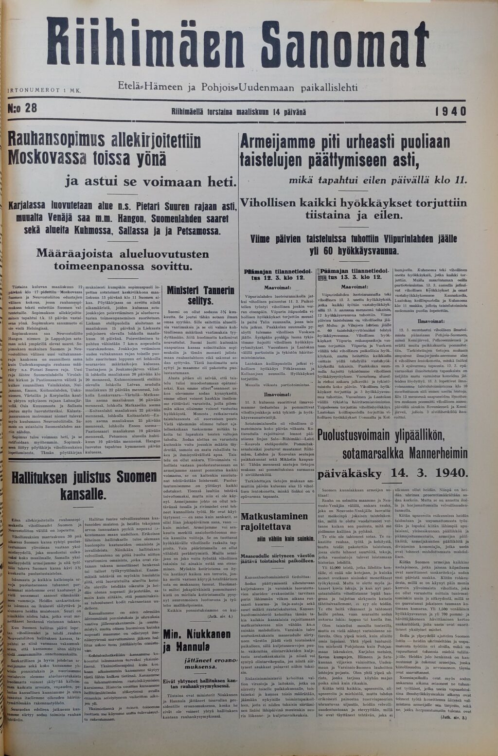 Riihimäen Sanomien etusivu 14.4.1940