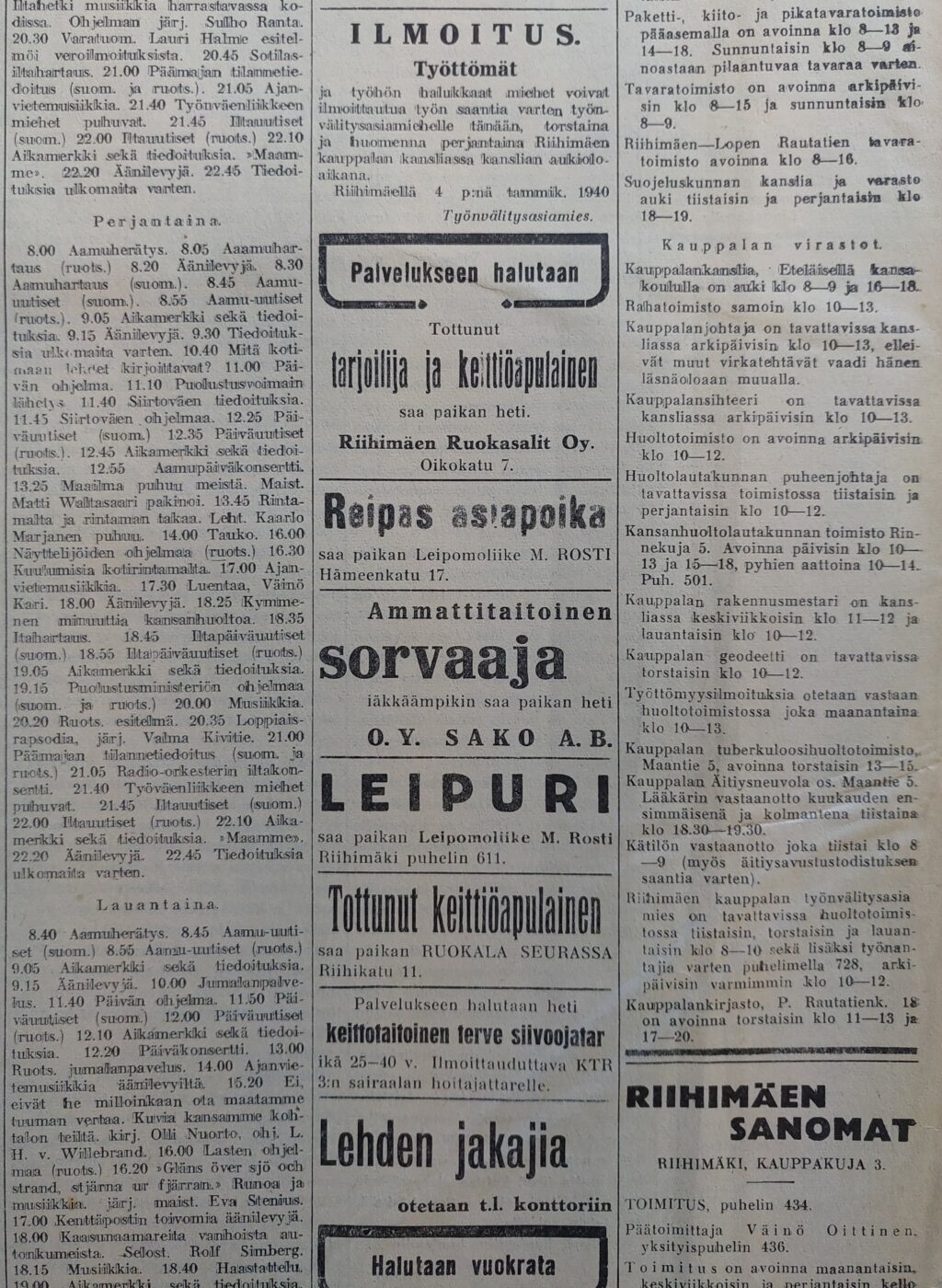 Riihimäen Sanomat 4.1.1940